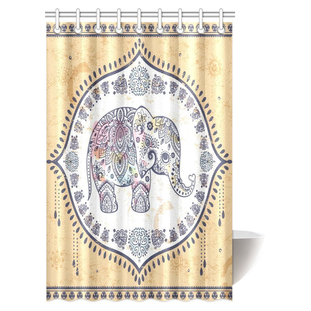 60/72/79" Waterproof Polyester Shower Curtain &Mat&Hooks-India Elephant 4114 