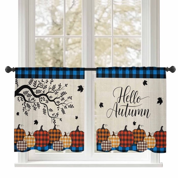Fall Plaid Pumpkins Sheer Curtains 54 inches Long, Maple Leaf Tree Blue Grid Linen Light Filtering Sheer Window Curtains Rod Pocket Voile Drapes for Bedroom Living Room, 52"W x 54"L 2 Panels