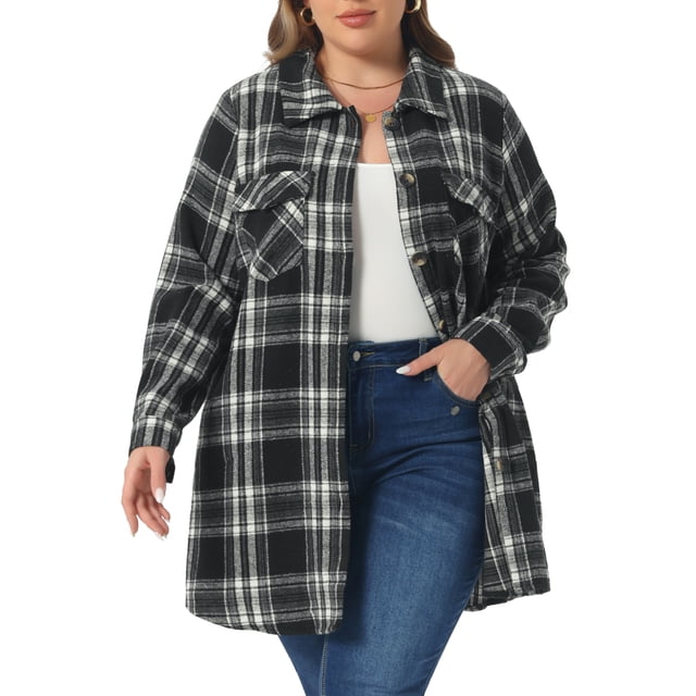 Women's Plus Size Plaid Shacket Jacket Long Sleeve Button Down Flannel Shirts Fashion Jacket 3X Black