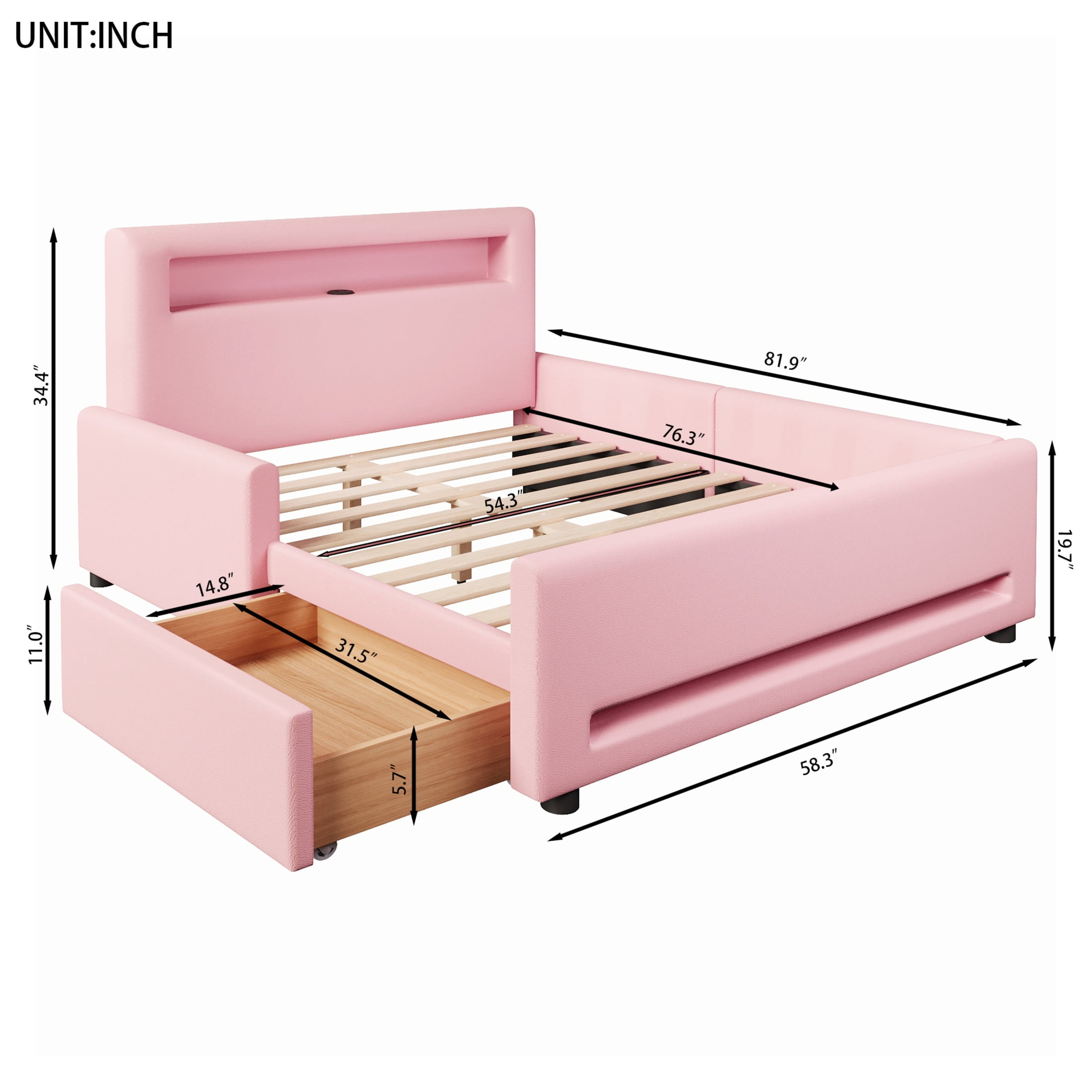 Noble House Full Size Upholstered Platform Bed with Storage Drawer, LED Light Strip and USB Charging Port, Pink