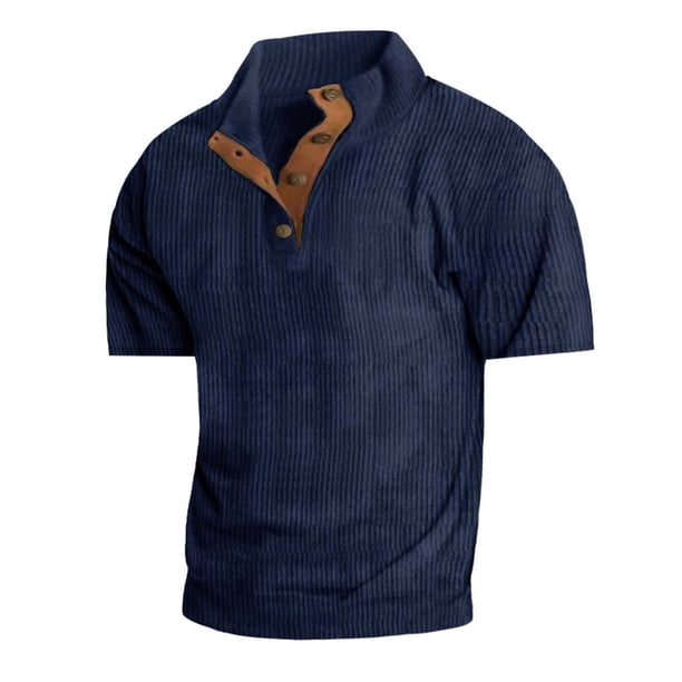 Playera Elvqul para Hombre Mayor Azul Marino Abotonada Cuello Mao Deportivas Liso Manga Corta Algodón