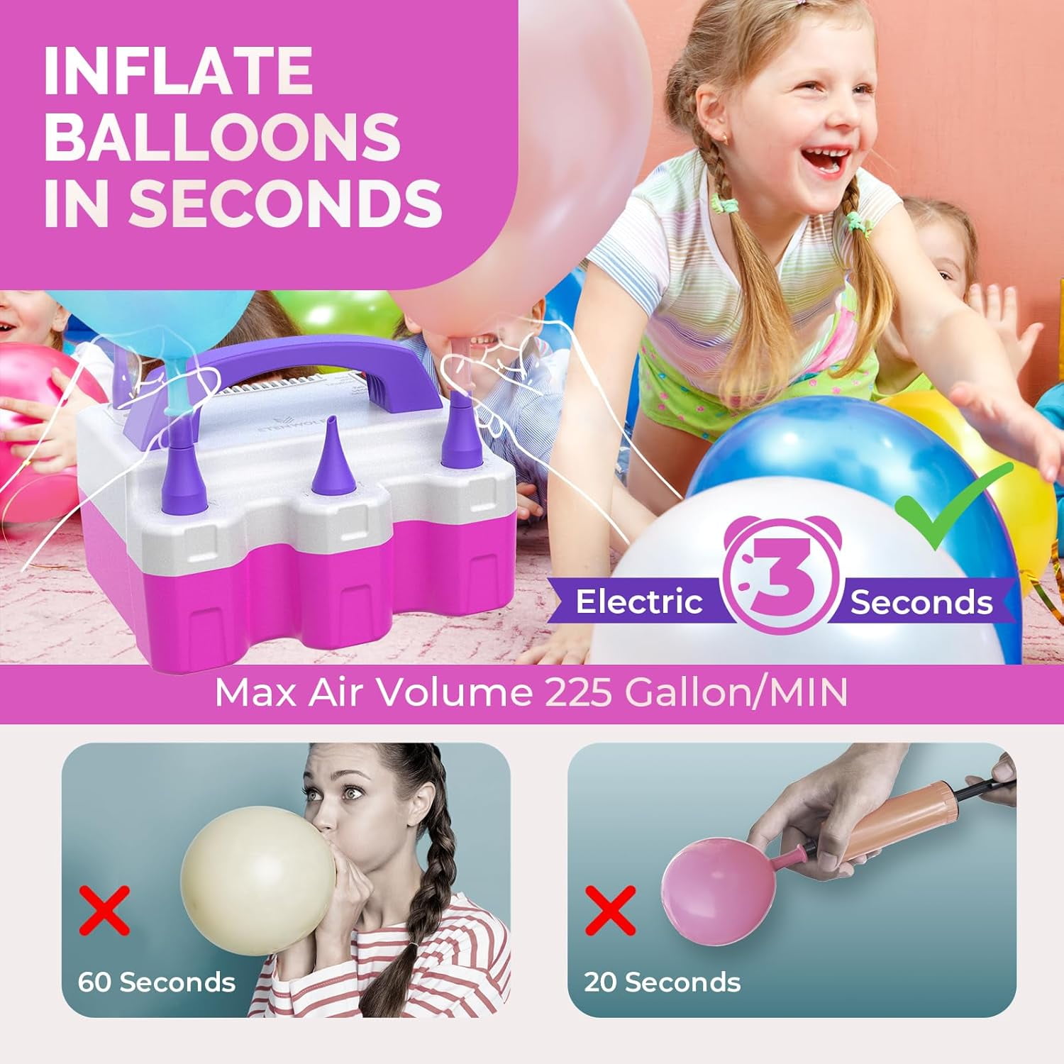 Electric Balloon Pump with 3 Nozzles, Fast Balloon Inflator for Latex Foil Balloons, Portable Air Pump for Party Wedding Decor