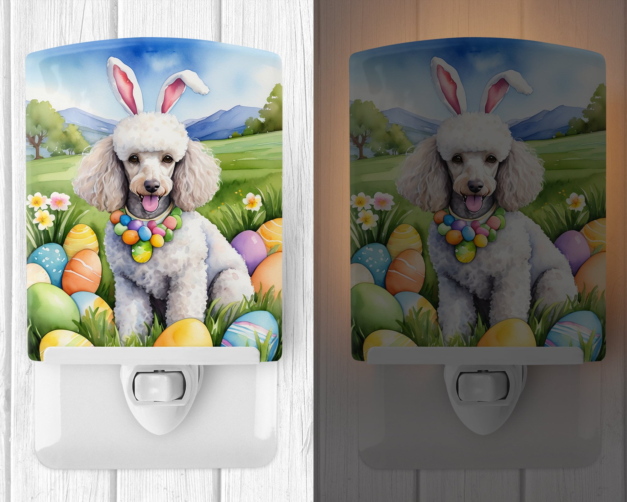 White Poodle Easter Egg Hunt Ceramic Night Light 4 in x 6 in