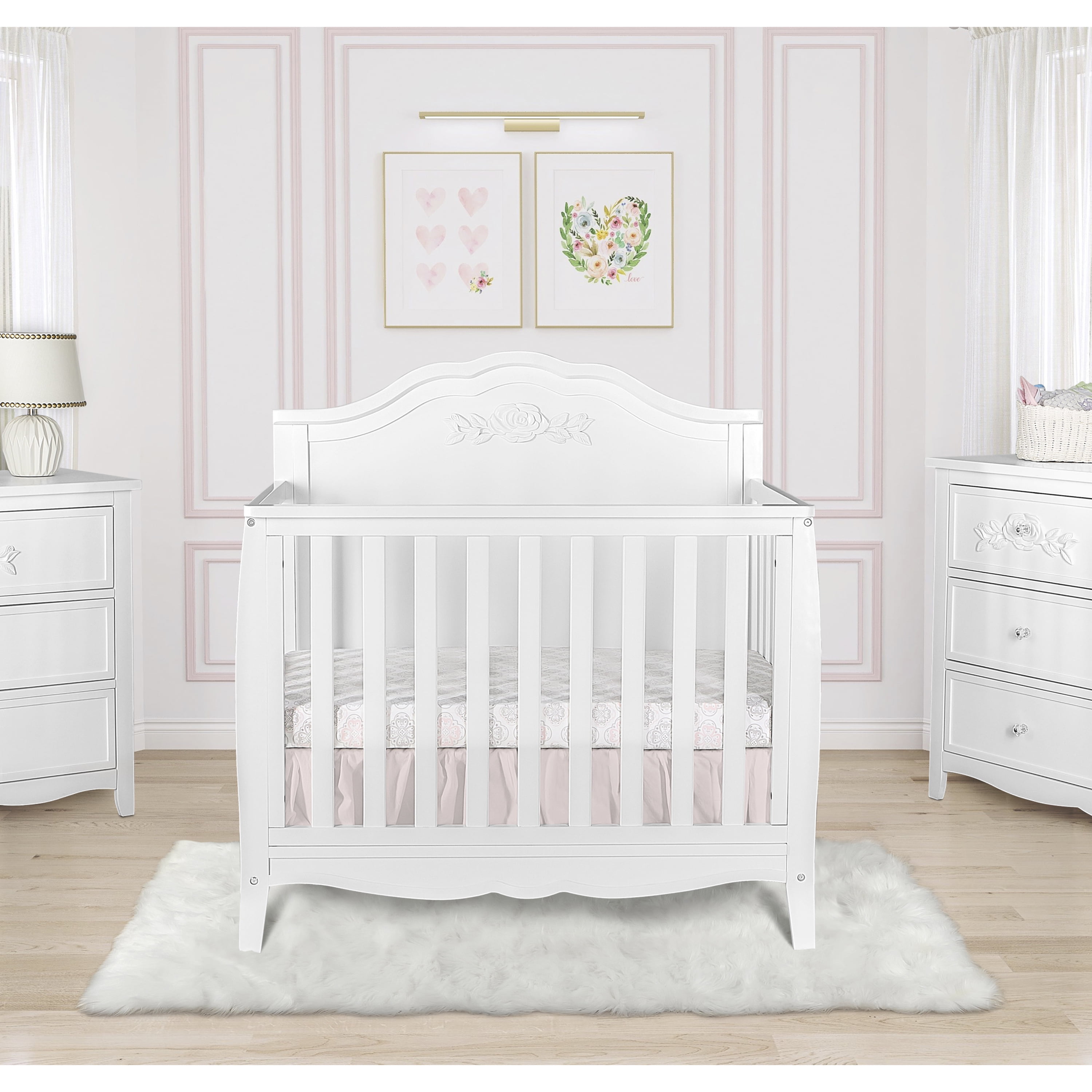 Dream On Me Jasmine 4-in-1 Convertible Mini Crib, New Zealand Pinewood, White
