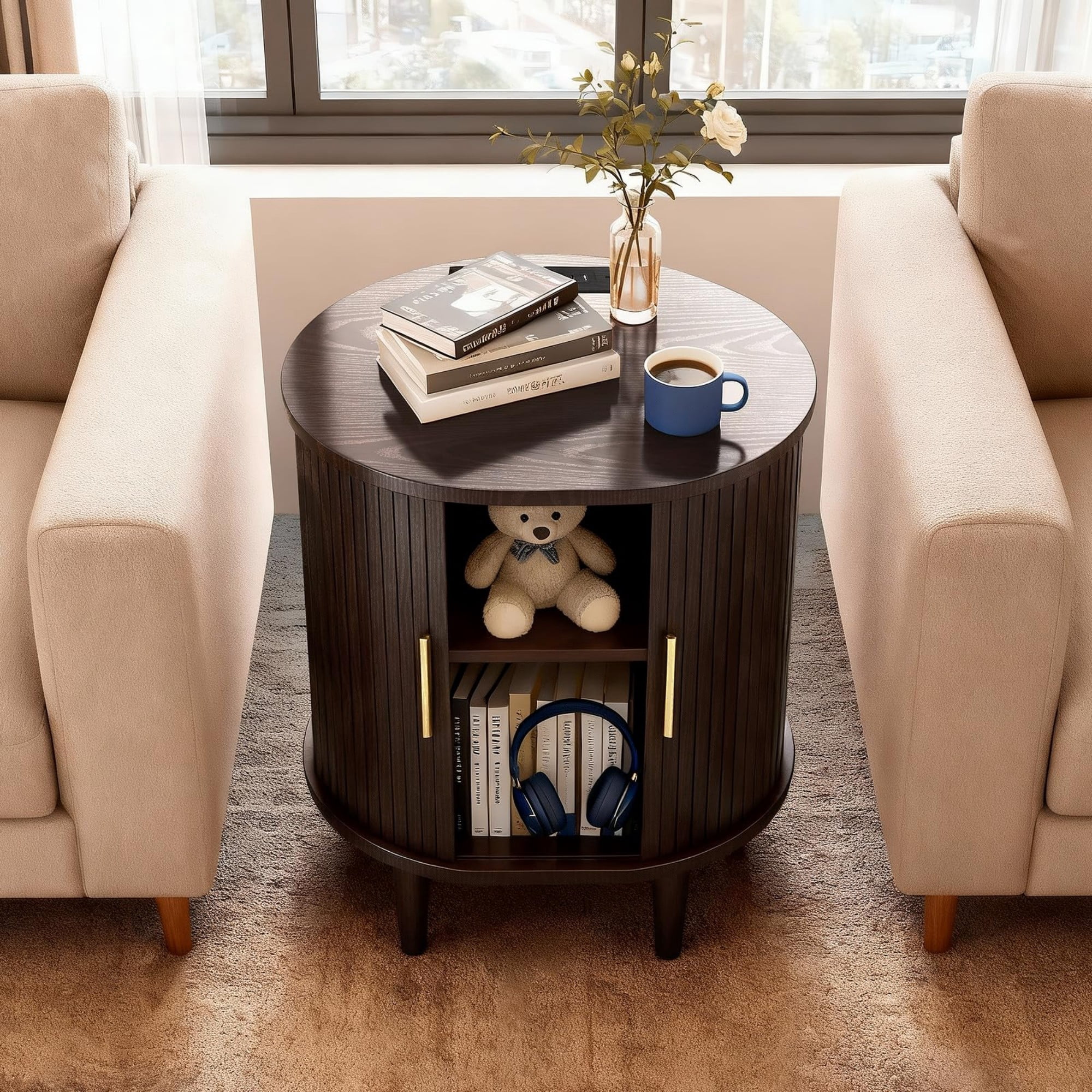 Mid Century Modern Nightstand with Charging Station, Fluted Side Table with Sliding Door & Adjustable Shelf, Coffee