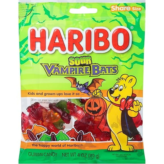 Haribo Sour Vampire Bats Gummy Candy 12 Pack — 4 oz Bag Each — Halloween Fruit-Flavored Sour Gummies