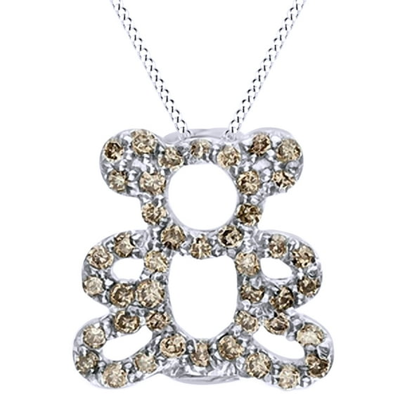 AFFY Round Cut Brown Natural Diamond (0.2 Cttw) Teddy Bear Pendant Necklace In 14K White Gold Over Sterling Silver