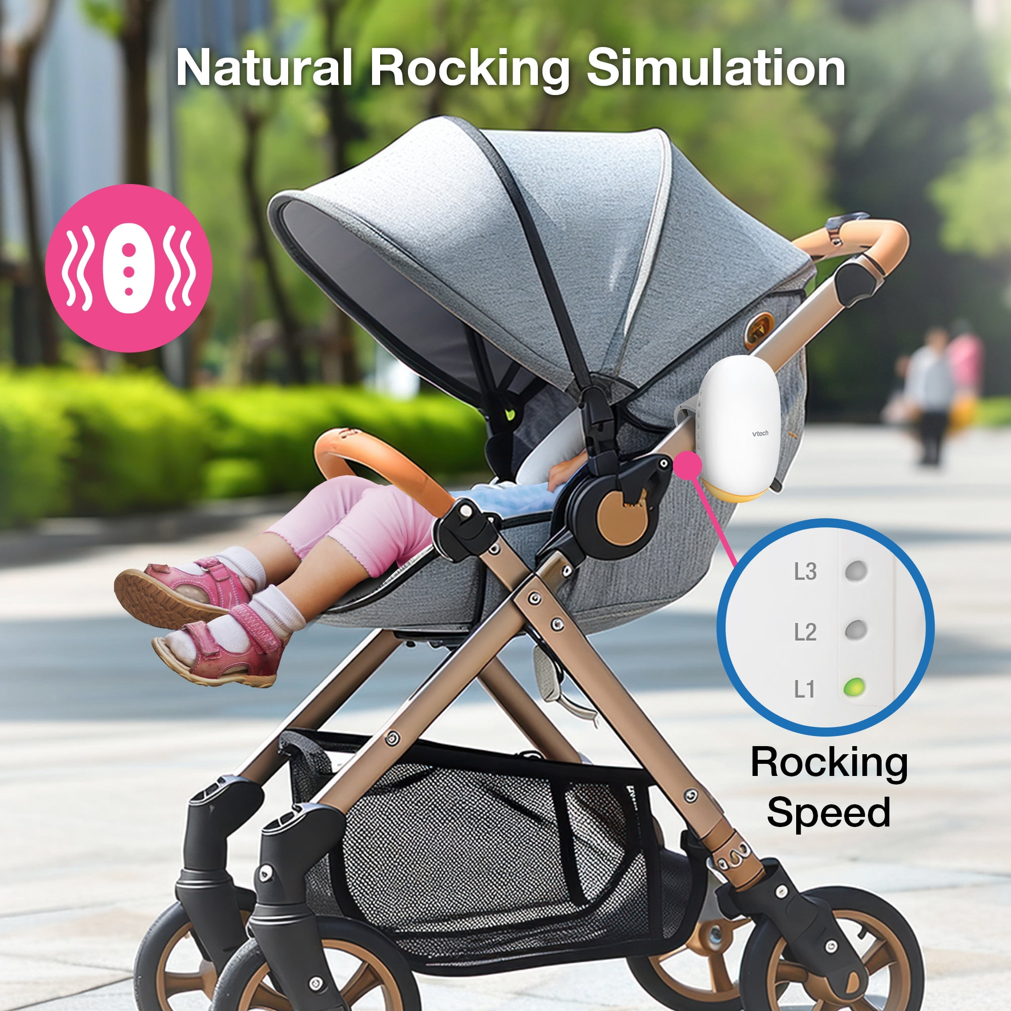 VTech BC8611 V-Hush™ Rocker Sound & Motion Stroller Soother for gentle rocking motion, with Night Light, White, BC8611