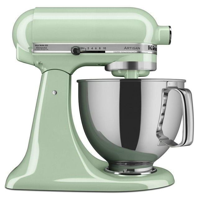 Pastel green KitchenAid Artisan Series 5-Quart Tilt-Head Stand Mixer with stainless steel mixing bowl and speed control knob