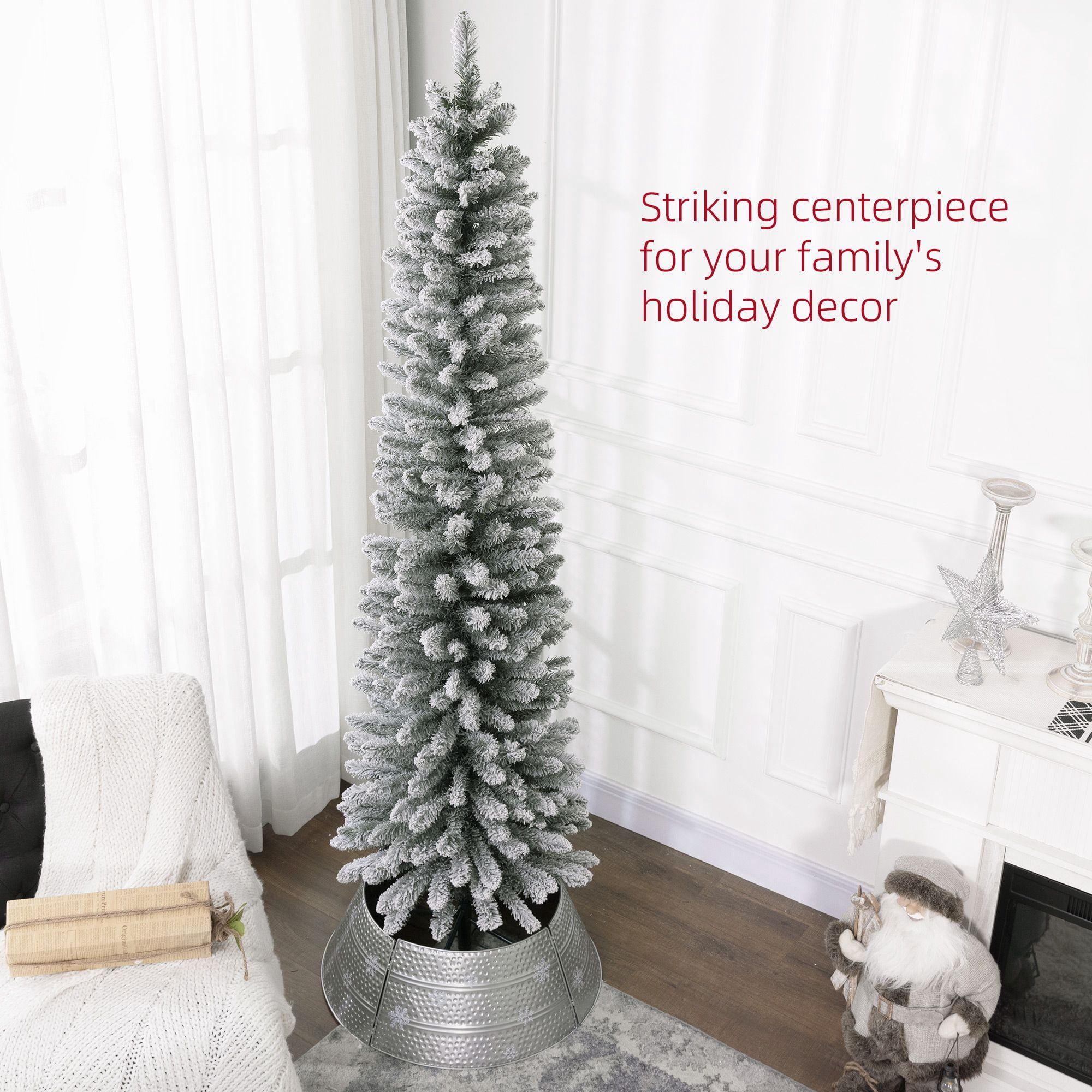7 ft Artificial Christmas Tree with Snow Flocked Branches, Pencil Shape, Metal Base, 405 Tips, Indoor Holiday Decor