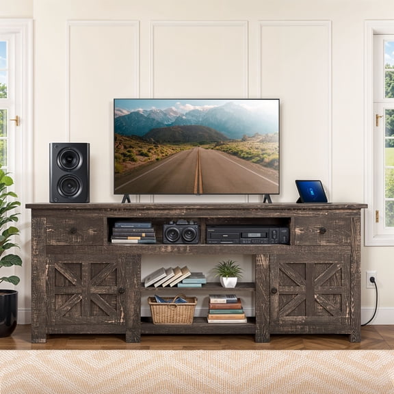 Uforic Farmhouse TV Stand for 75/80 Inch TV, Rustic Entertainment Center with Power Outlet, Storage Drawers, TV Console for Living Room, Oak