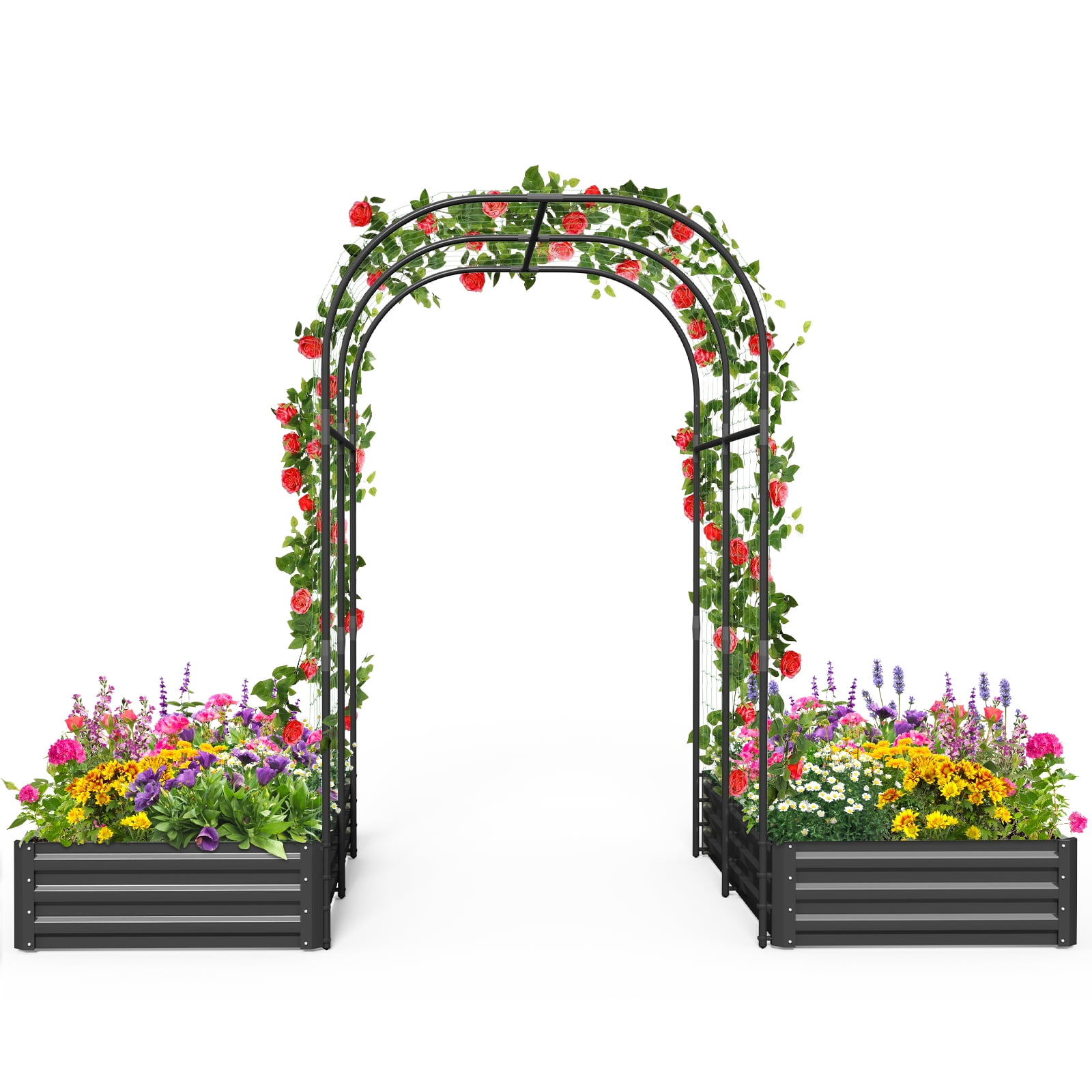 Slsy 3 in 1 Galvanized Raised Garden Bed with 85in Tall Arch Trellis for Climbing Vegetables Flowers Herbs, Metal Raised Garden Bed Kit with Trellis, Plant Ties, Climbing Supporting Netting