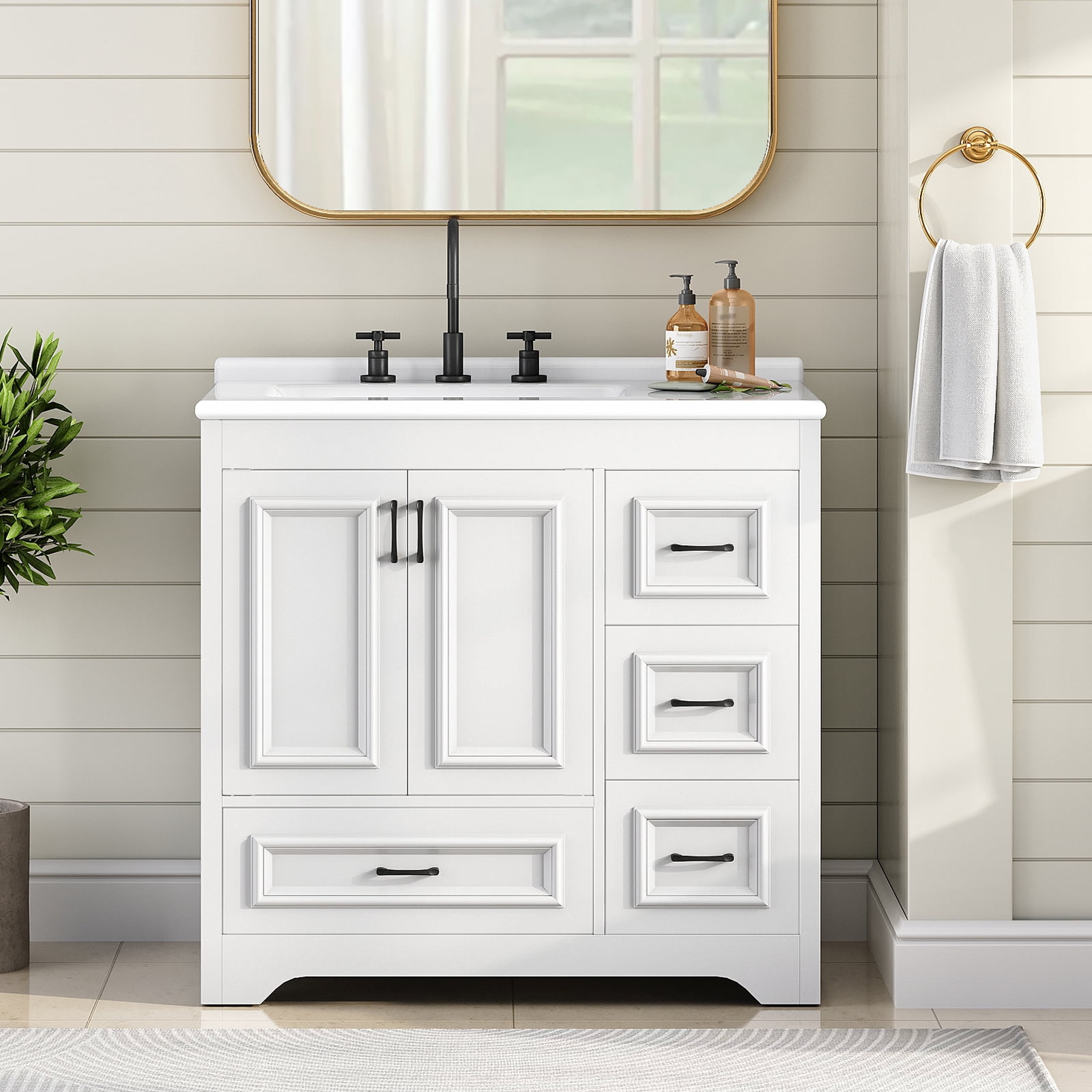 HOOBRO Bathroom Vanity with Sink, Modern Storage Cabinet with Ceramic Countertop, Drawers and Cabinet, Arc Bottom Design and Metal Glides, Drain Kit Not Included, for Bathroom, White WT02BV01