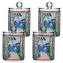 Yayeee 4 Pack Qtip Holder Bathroom Cotton Swab Canister with Lid Clear Dispenser Set, Pink Seaside