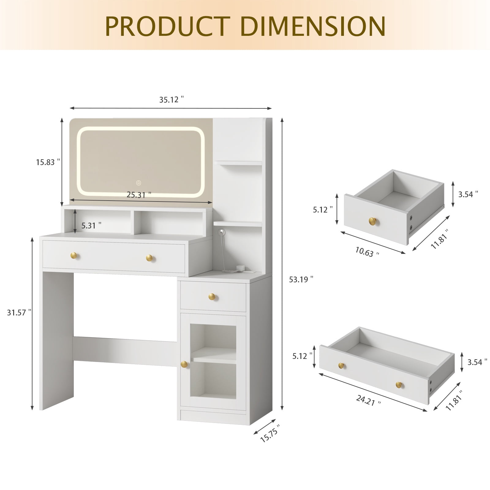 Satifur Modern LED Vanity Desk with Charging Station & Storage & LED Mirror, White Makeup Table for Bedroom