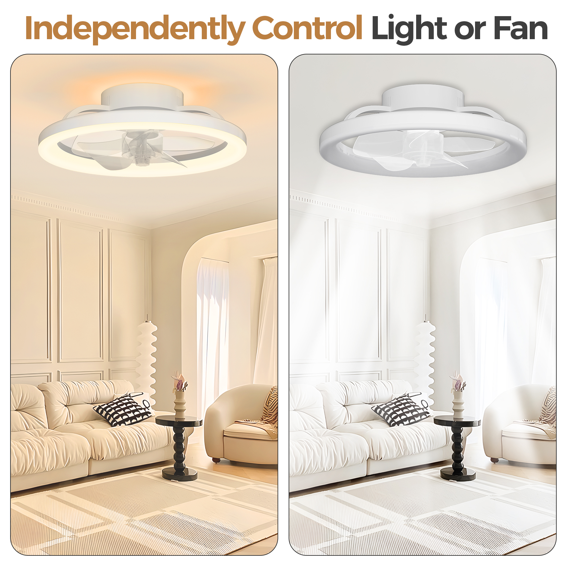 Skvevn 16" Ceiling Fan for Bedroom, 3 Colors Lighting, 6 Wind Speeds, Remote & APP Control, Modern Dimmable LED Ceiling Fan