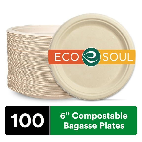 ECO SOUL 6 Inch Round [100-Pack] Tree Free Compostable Plates I Heavy-Duty Eco-Friendly Appetizer Plates I Biodegradable Sugarcane Eco Plates