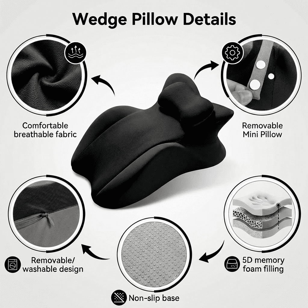 Memory Foam Wedge Pillow for Prone Reading & Bed Sitting – Ergonomic Multi-Position Support Cushion for Back Pain Relief, Leg Elevation, and Acid Reflux – Removable Cover, Pink/Gray