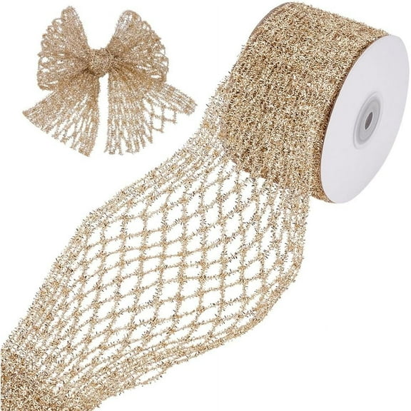 5 Yards Gold Stretchable Glitter Metallic Mesh Ribbon 2.7 Inch Sparkling Glitter Wired Ribbon for Christmas Tree Party Gift Wrapping Wreath DIY Crafts