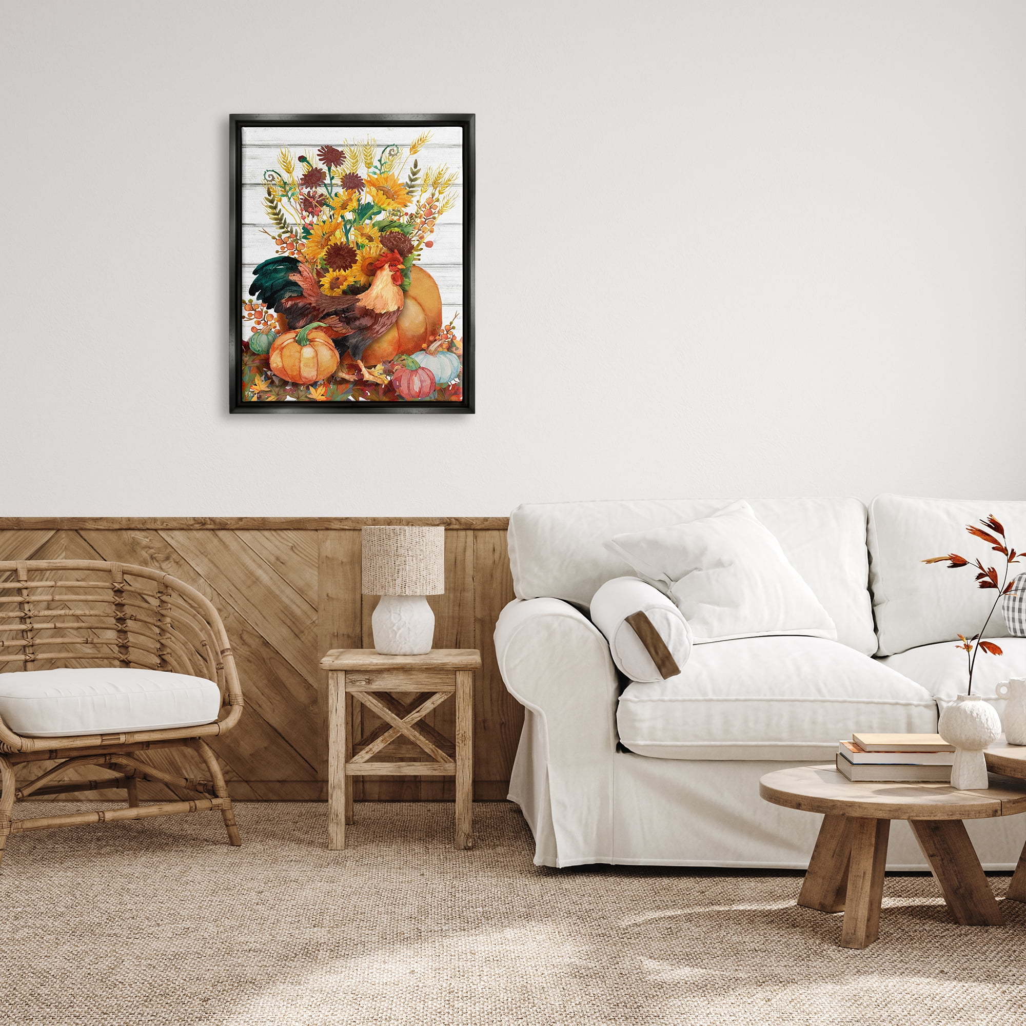 Stupell Industries Rustic Sunflowers & Hen Animals & Insects Painting Black Floater Framed Canvas Art Print Wall Art, 25 x 31