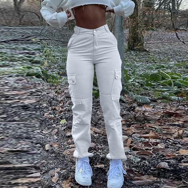 Cargo Jeans For Women Mid With Elastic Waist Plus Size Skinny Lifting Denim With Pockets
