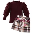 thumbnail image 4 of Toddler Kids Girl Clothes Casual Skirt Set Solid Turtleneck Knit Sweater Plaid Mini Skirt 2Pcs Fall Winter Outfits, 4 of 13