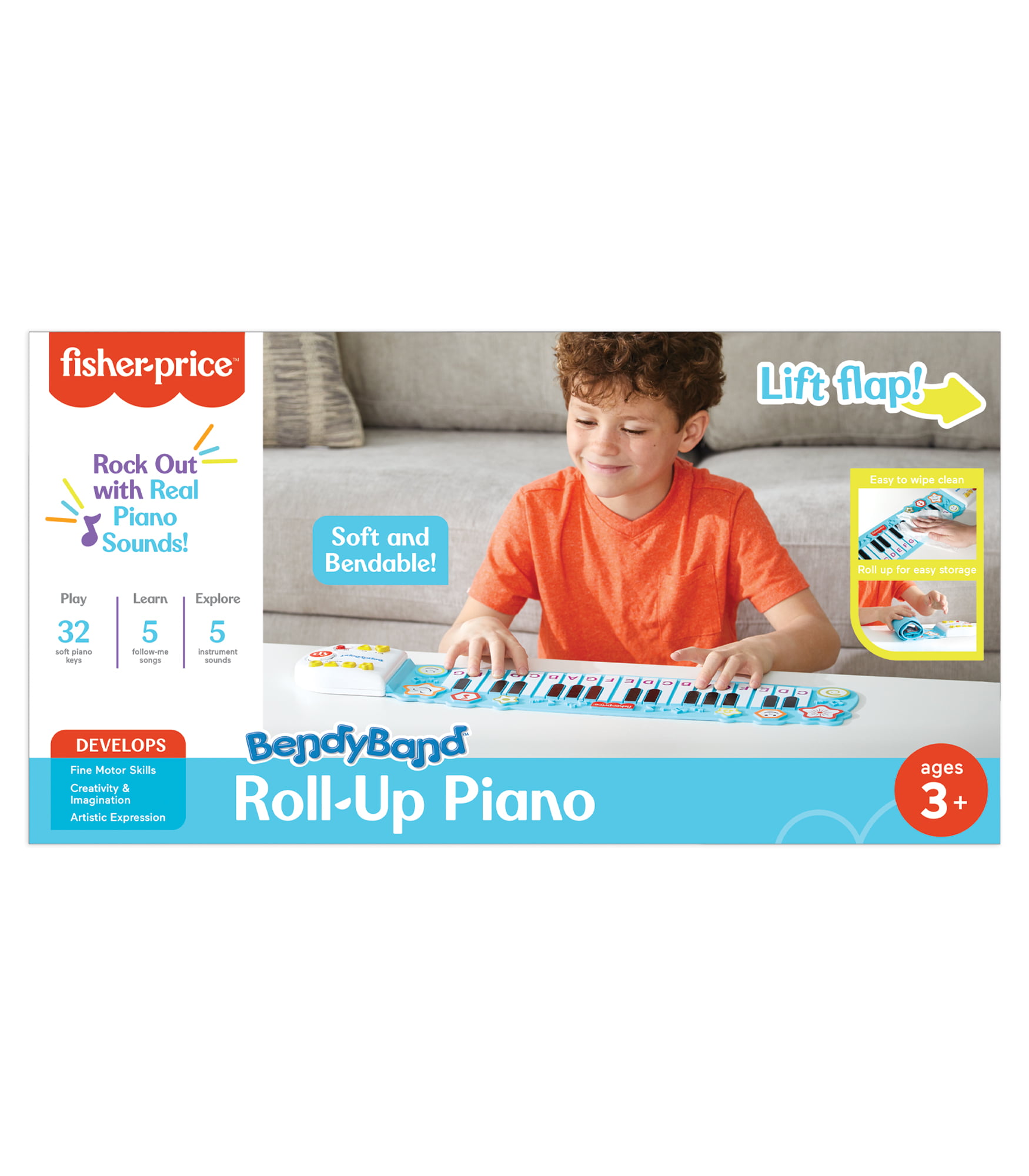 32 Soft Piano Keys Ages 3+ Fisher-Price BendyBand Roll-Up Piano—Electric Piano Keyboard for Kids 5 Songs Musical Toys for Toddlers Follow-Me Mode 