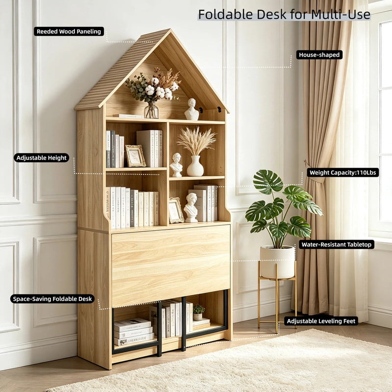 Folding Desk with Storage Cabinet,Convertible Hideaway Desk to Bookshelf, Space-Saving Wall Mount Table for Home Office, Craft, Vanity, Small Spaces