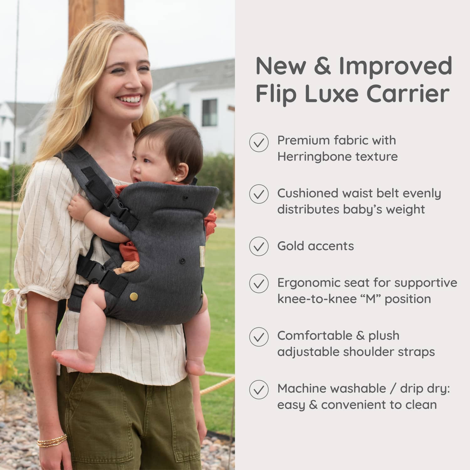 Infantino Flip Luxe 4-in-1 Convertible Baby Carrier, Ergonomic Infant to Toddler Carrier, Updated Lumbar Support, Premium Herringbone Fabric, 7-35 lbs, Unisex, Onyx