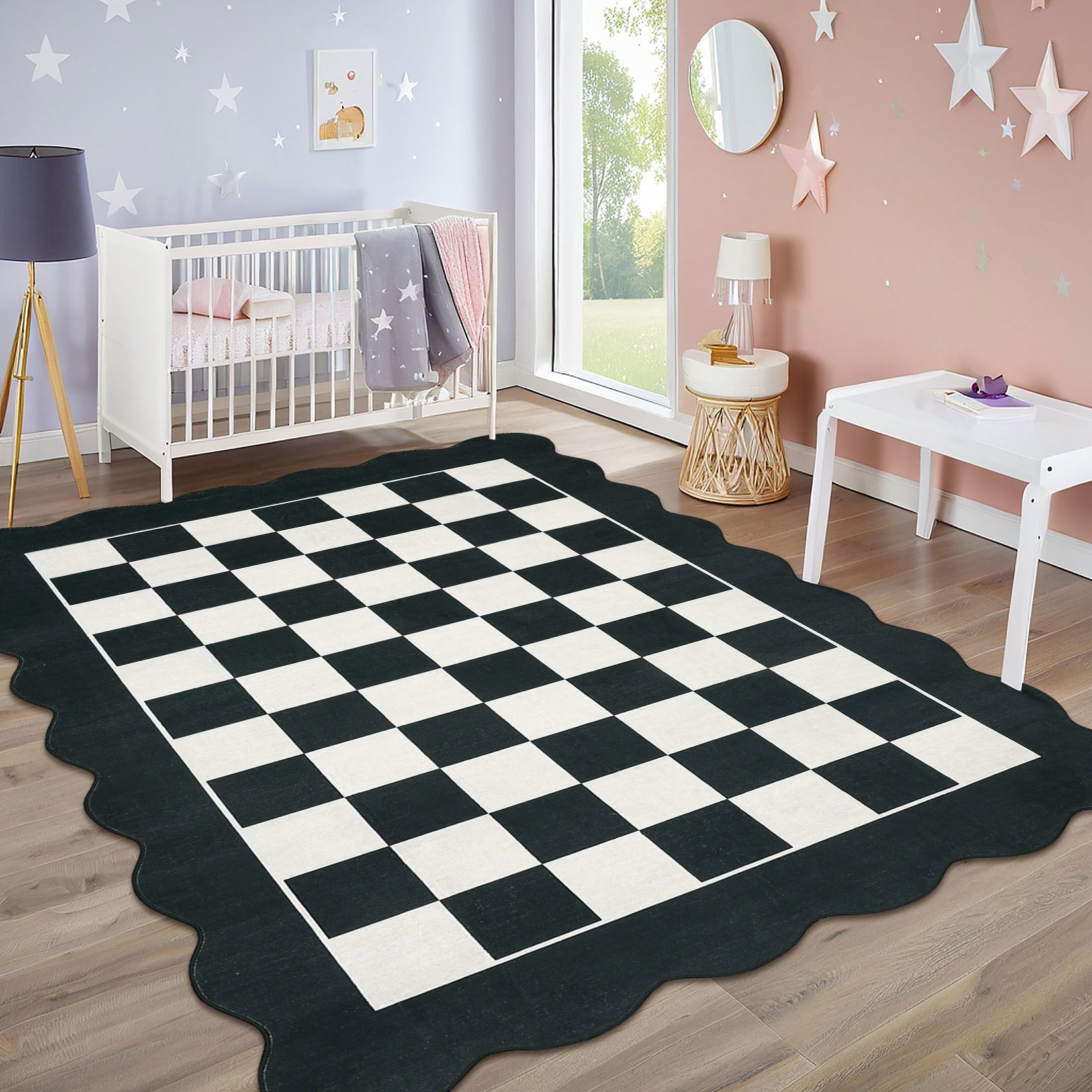 Garvee 9'x12' Scalloped Area Rugs Modern Checkered Carpet, Washable Non-Slip Rug Contemporary Floor Mats for Living Room Bedroom Dining Room, Black White
