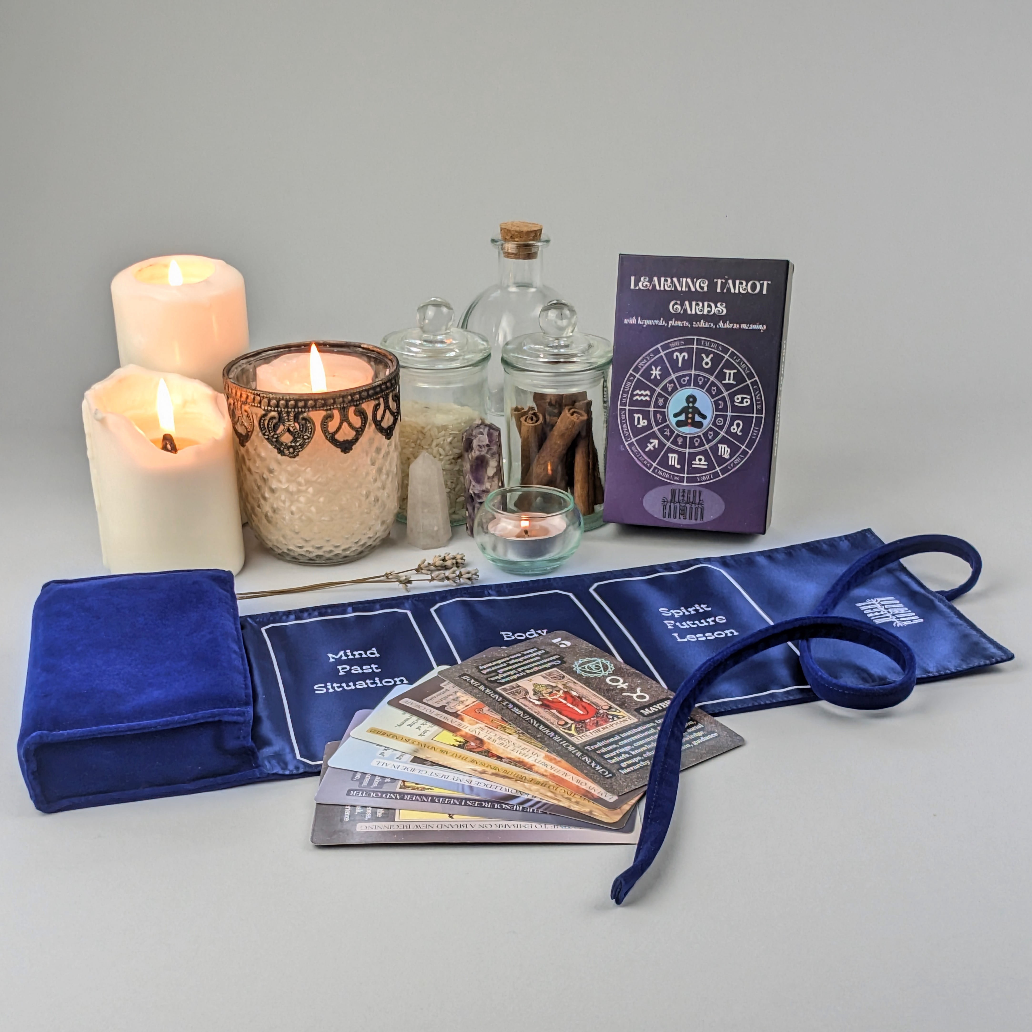 Witchy Cauldron Set for Beginners — 78-Card Rider-Waite Learning Deck, Satin Velvet Wrap & Guided Journal | Complete Tarot Kit with Meanings on Every Card (Blue)