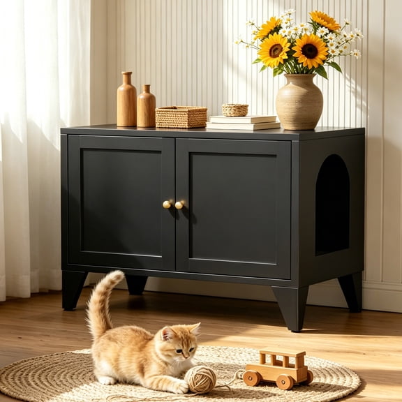 Modern Black Metal Cat Litter Box Enclosure, Hidden Litter Box Furniture Freestanding Pet Washroom Cabinet, Decorative Indoor Pet Side Table Fits Most Standard Litter Boxes