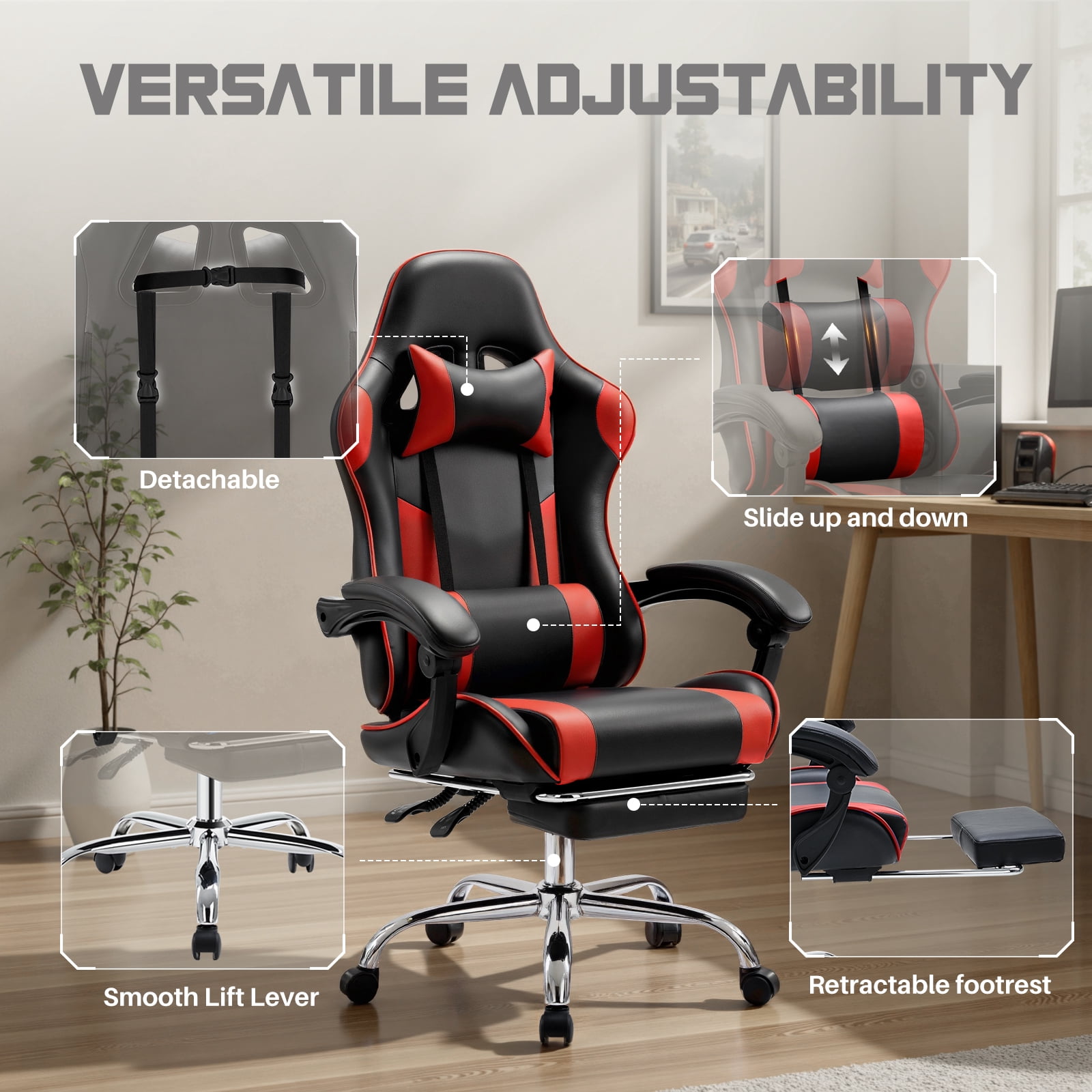 MCQ Computer Chair, Home Office Chair with Footrest and Lumbar Support for Office, Game Room, Black and Red