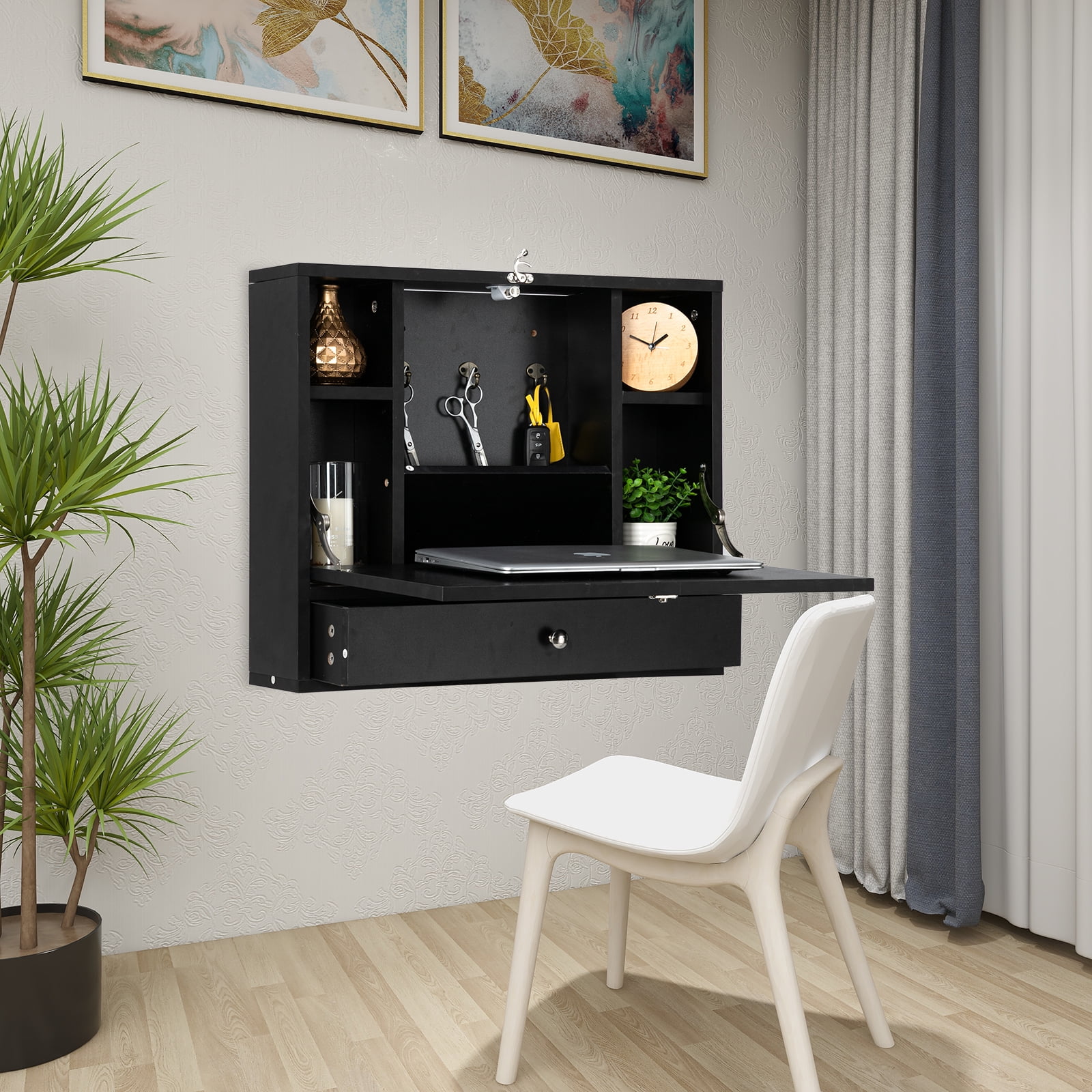 Private Jungle Multi-Function Floating Desk Wall Mount Laptop Desk, Space Saving Wall Mounted Table Wall Desk with Storage Drawer and Shelves,Black Private Jungle Multi-Function Floating Desk Wall Mount Laptop Desk, Space Saving Wall Mounted Table Wall Desk with Storage Drawer and Shelves,Black