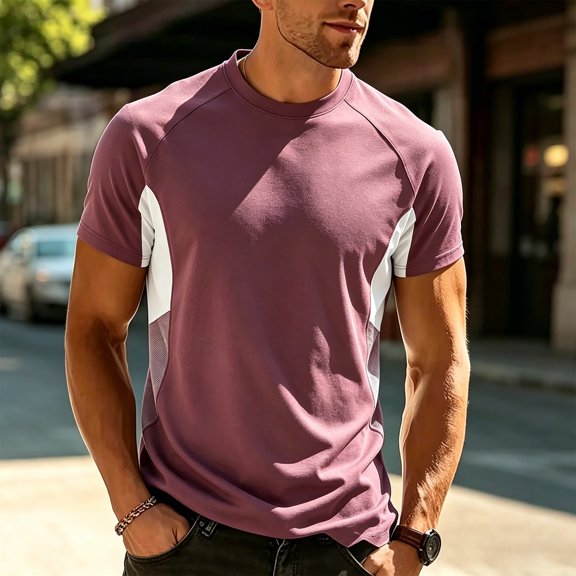 Kalauyu Mens Athletic Short Sleeve Round Neck Cotton Blend T Shirts Two Tone Side Panel Soft Breathable Summer Daily Color Block Casual Gym Tees