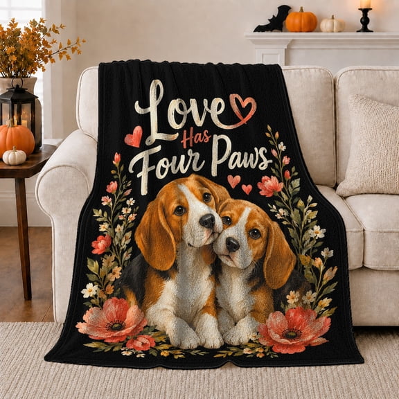 Two Beagle Dogs Framed By Coral Flowers, Cozy Flannel Blanket with Painterly Pet Portraiture Print, Housewarming Gift for Beagle Dog Lovers, Home Decor for Bedroom and Living Room
