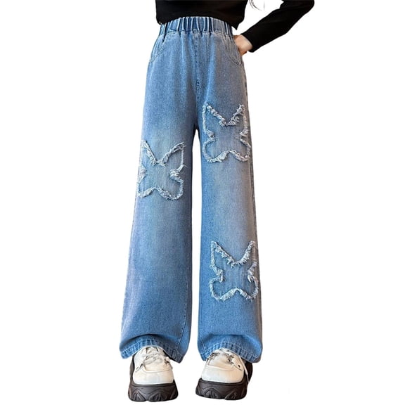 CAIVO Girls Fashion Denim Wide Leg Pants With Embroidery And Applique Patchwork Design Comfortable Stretch Jeans For Teen Youth Trousers Lightweight Summer Child Breathable Comfort