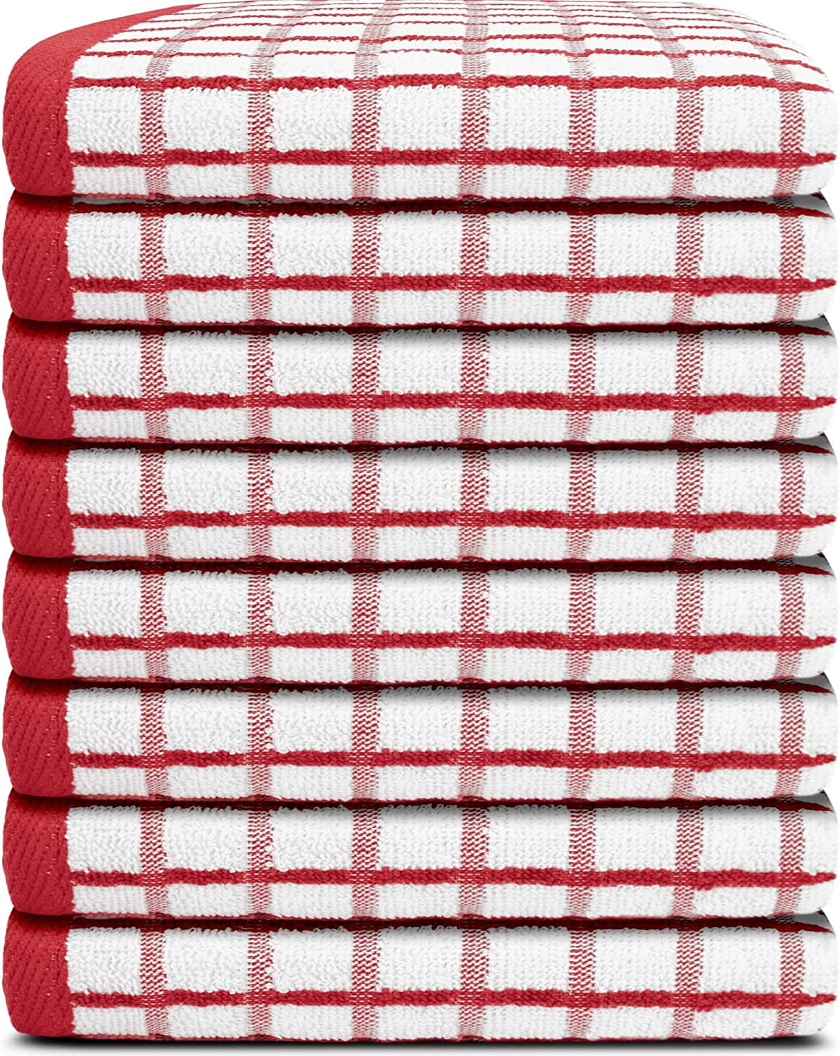 [8 Pack] Premium Dish Towels for Kitchen, with Hanging Loop - Heavy Duty Absorbent 100% Cotton 410 GSM Terry Kitchen Towels, 16x26 (Red)