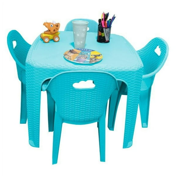 Kit Mesa Cuadrada KIDDO con 4 Sillas tipo Rattan Azul