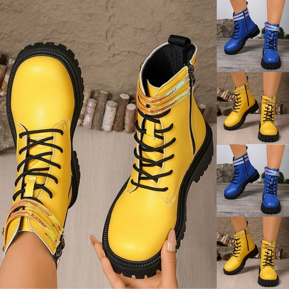 Miluxas Women’s Combat Ankle Boots Lace up Classic Short Low Heel Thick Sole Buckle Side Zipper Booties Yellow 9(42)