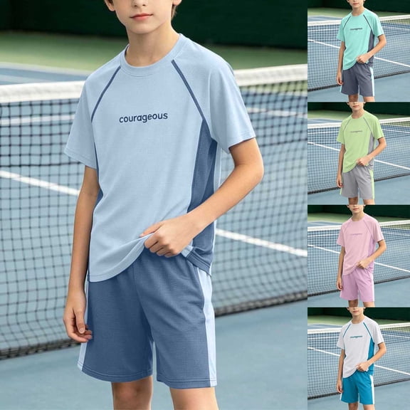Boys Girls Quick Dry 2-Piece Tennis & Athletic Outfit, Short Sleeve Color-Block T-Shirt & Shorts Set, Breathable Sportswear for Kids Years 3-15 White