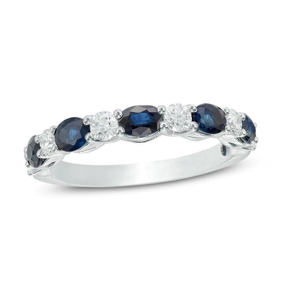 Oval Cut Blue Sapphire And Round Cut Diamond Band, Womens Half Eternity Diamond Wedding Band, Matching Sapphire Band, 14K White Gold Plated, 2.1 Ct Simulated Blue Sapphire And Diamond