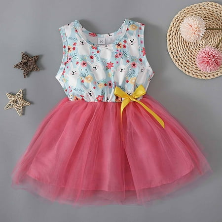 

Rewenti Easter Toddler Baby Girls Summer Sleeved Dress Cotton Cartoon Printed Screen Round Neck Gauze Princess Skirt Girl s Gift Hot Pink 5T(4-5 Years)