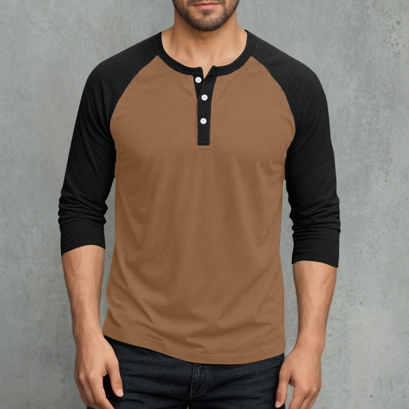 AnuYalue Mens Big and Tall Henley Shirts Lightweight 3/4 Sleeve Baseball T-Shirt Fashion Color Block Tee Fall Winter Athletic Tops