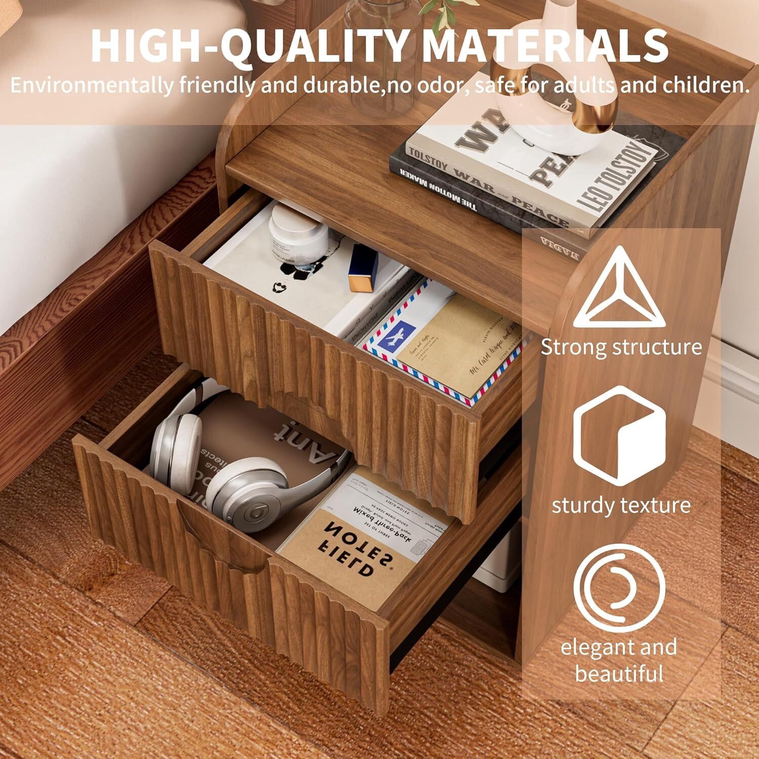 Nightstand Set of 2, End Table with Drawer, Fluted Side Table with Storage, Small bedside Table for Bedroom, Walnut