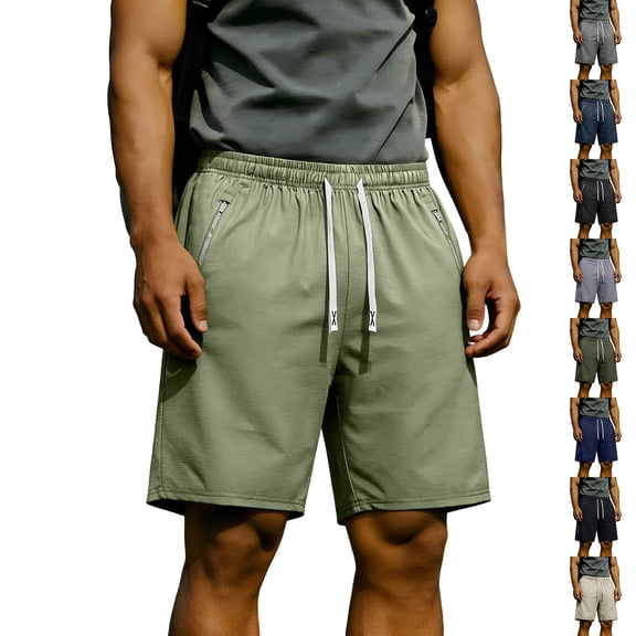 HVOBTTY Men's Summer Straight Leg Bermuda Shorts Solid Color Casual Sport Elastic Waist Zipper Pocket