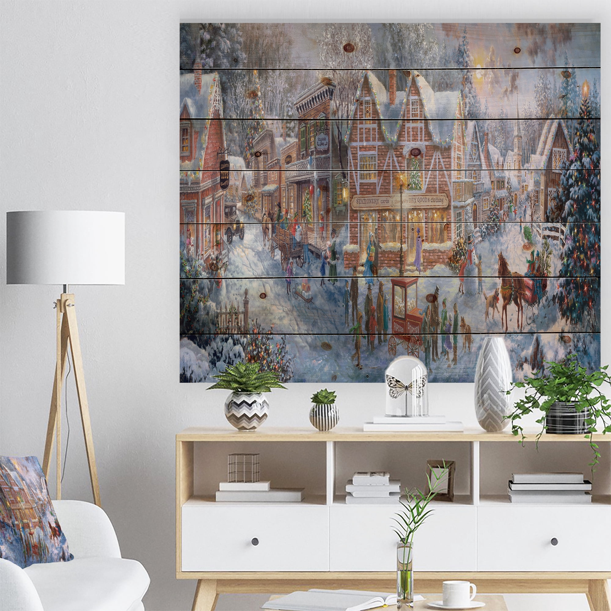 Designart 'Winter Christmas Shopping in snowy cottage with sleigh' Print on Natural Pine Wood