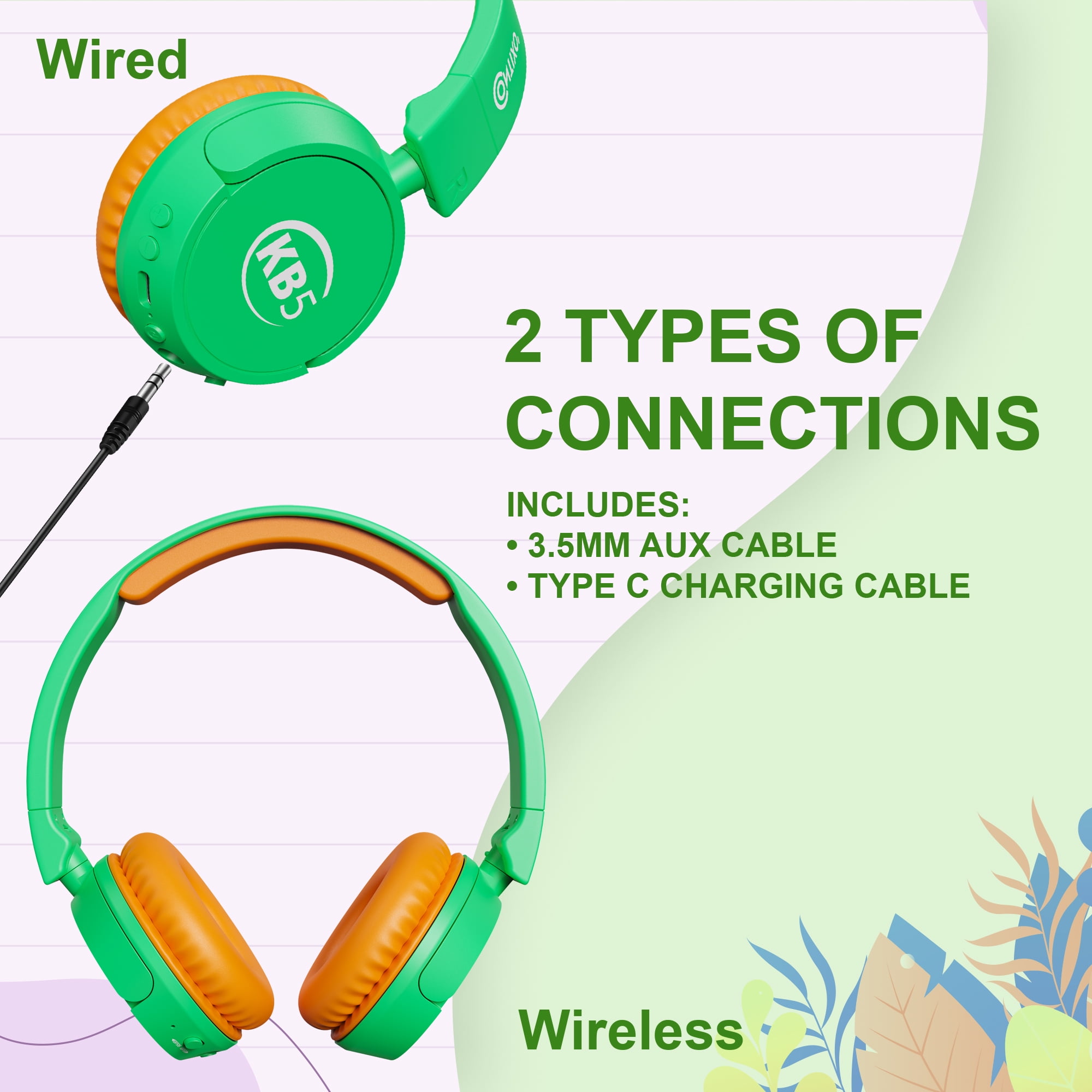 Contixo KB-5 Wireless Kids Headphones, Over-Ear Foldable Bluetooth Headset with 85dB Volume Limit, Green/Orange