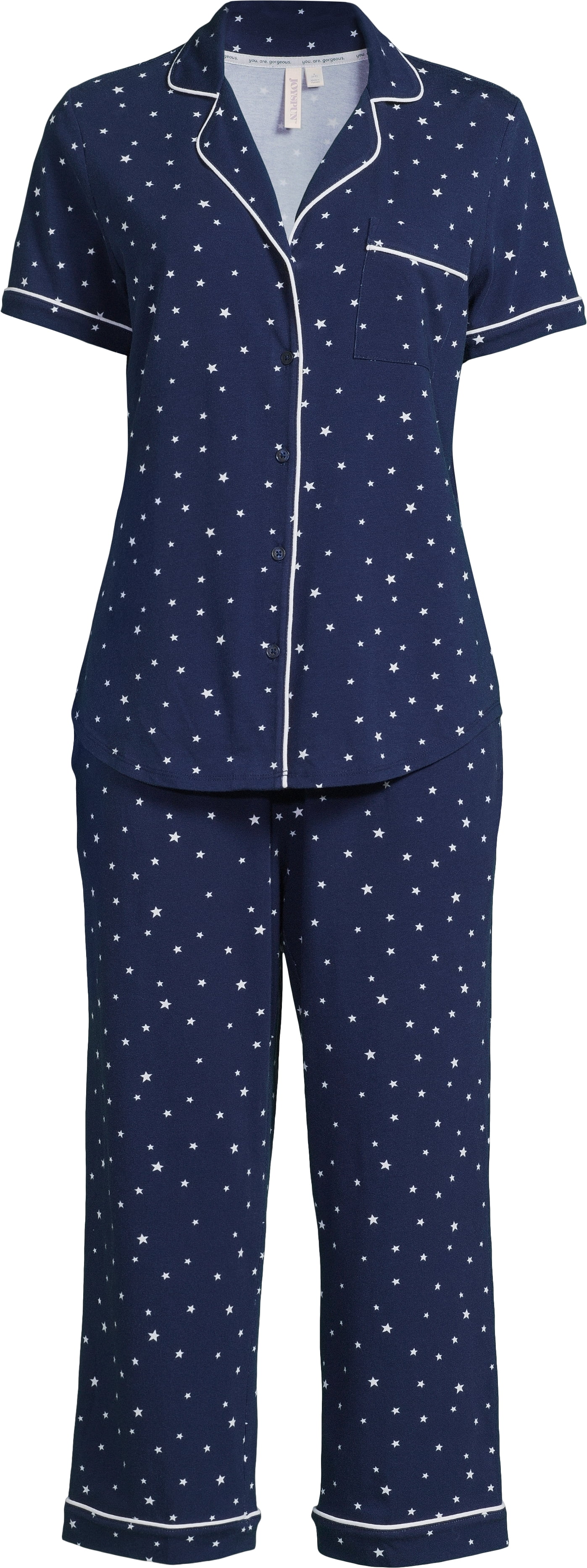 Joyspun Women's Cotton Blend Notch Collar Top and Capri Pants Pajama Set, 2-Piece, Sizes S to 4X