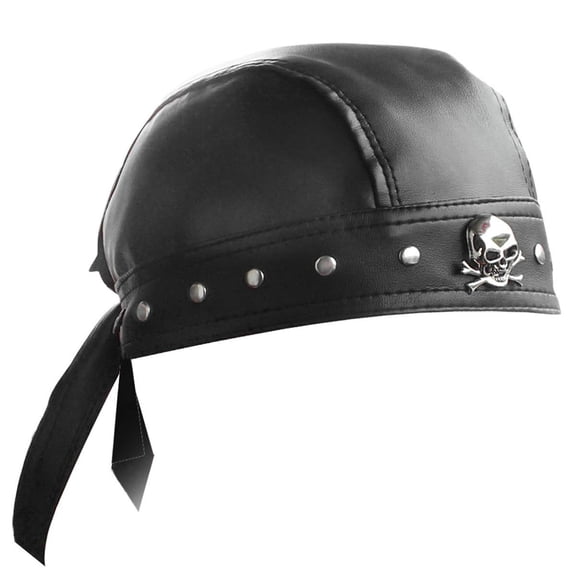 Mens Leather Bandana Biker Doo Do Rag Headwrap Studded Skull Cap